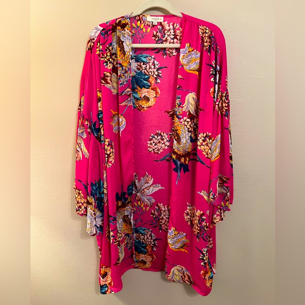 Umgee Pink Floral Kimono Open Front Ruffle Sleeves Women’s Size 1X/2X Boho